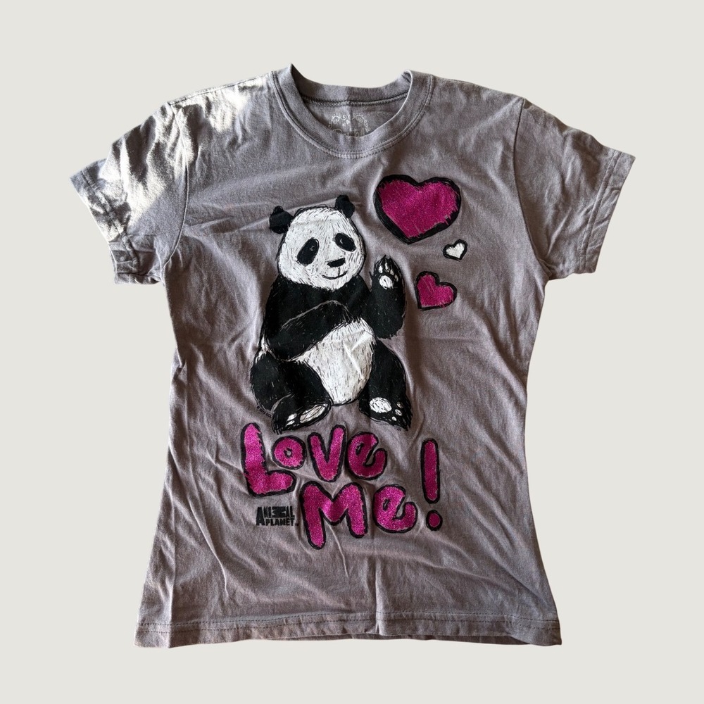 Y2K Pony Tails Panda Love Me Glitter Graphic Baby Tee Gray Scene Kawaii #16